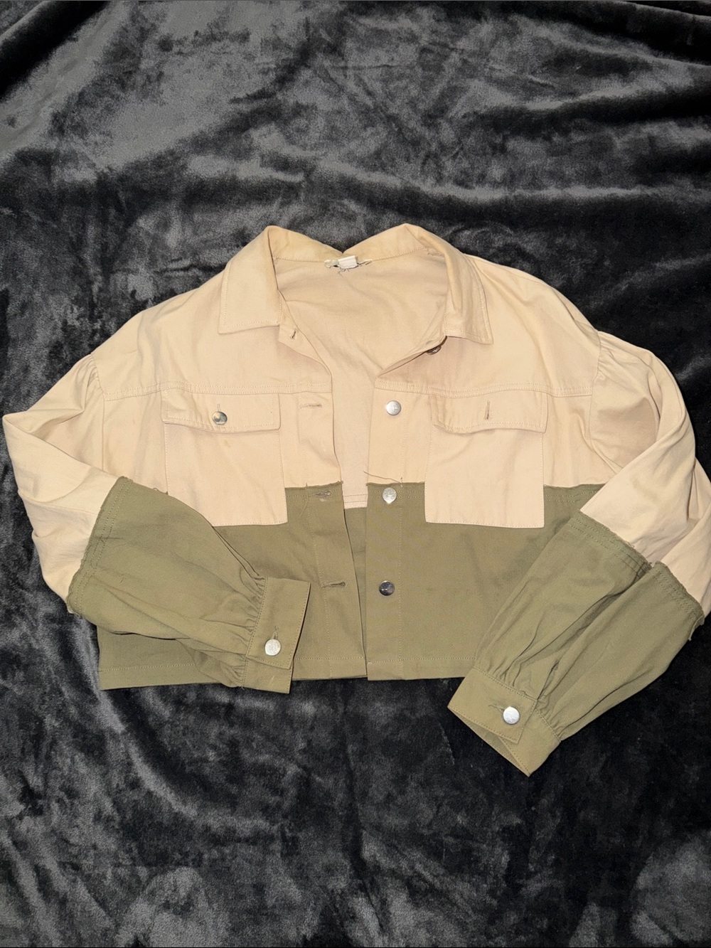 HYFVE Two-Tone Beige and Olive Cropped Jean Jacket